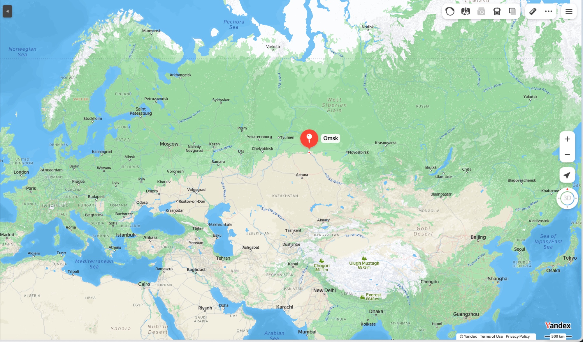 Карта: Омск на юге Западной Сибири